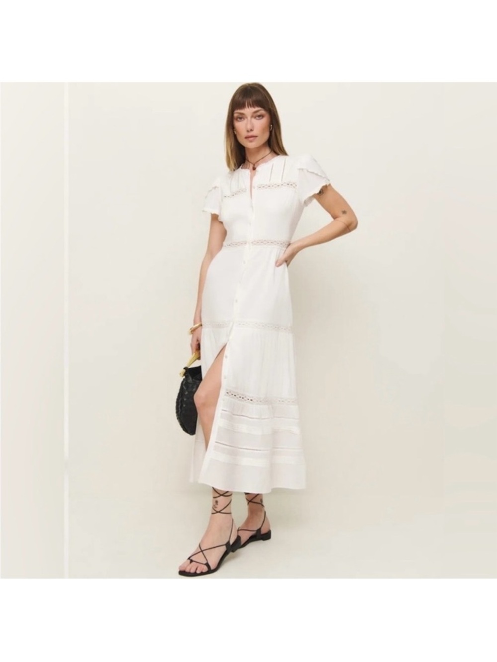 Reformation White Button-Front Maxi Dress with Lace Panels